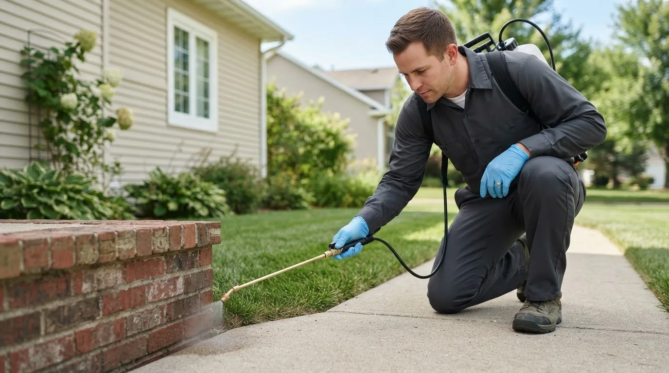 Pest control technician treating a home near Emery, SD